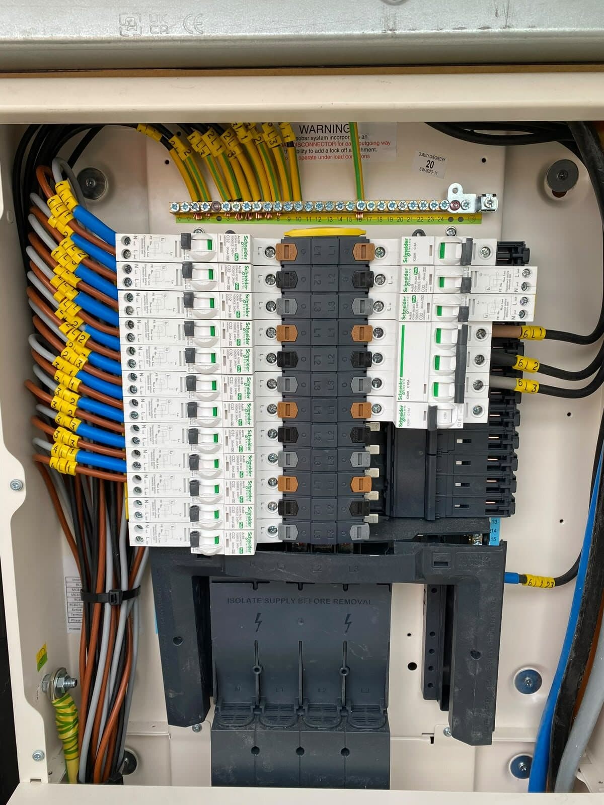 Distribution board wired out with every core numbered and every way labelled
